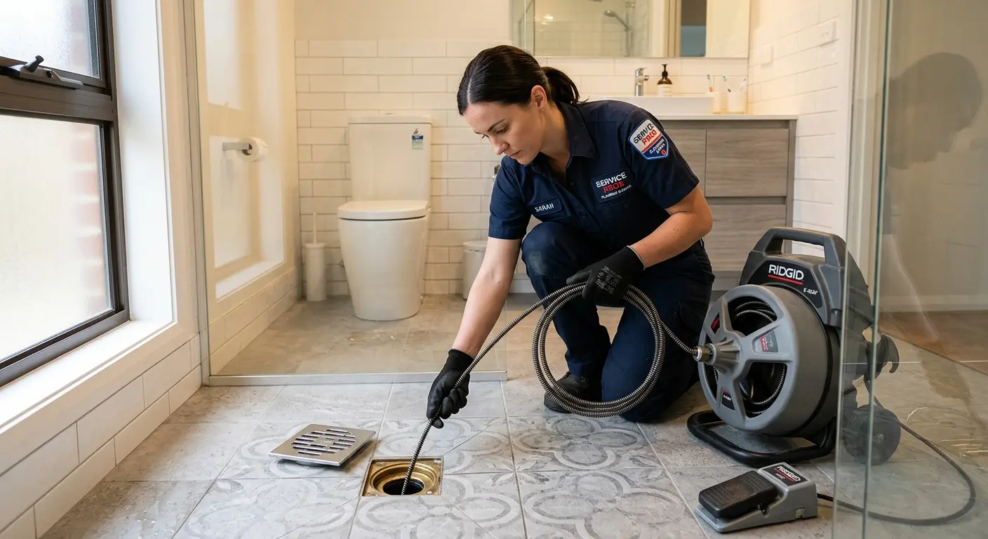 Technician clearing a bathroom floor drain for Hydro Jetting in Myrtle Beach